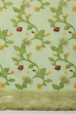 Dark Green Floral Woven Cotton Ready to Wear Saree