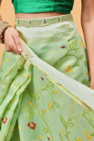 Dark Green Floral Woven Cotton Ready to Wear Saree