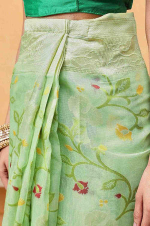 Dark Green Floral Woven Cotton Ready to Wear Saree