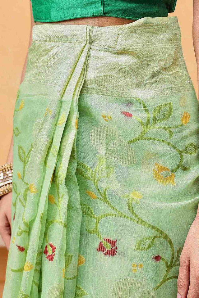 Dark Green Floral Woven Cotton Ready to Wear Saree