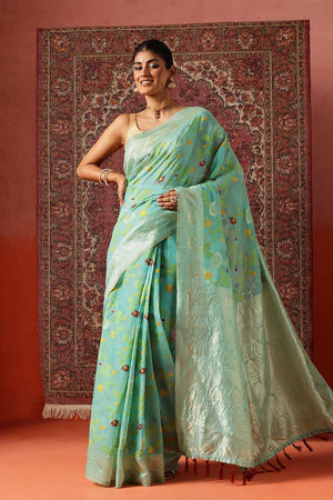 Turquoise Woven Cotton Blend Ready to Wear Saree