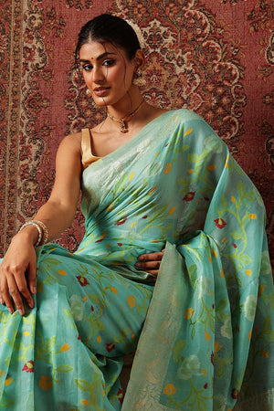Turquoise Woven Cotton Blend Ready to Wear Saree