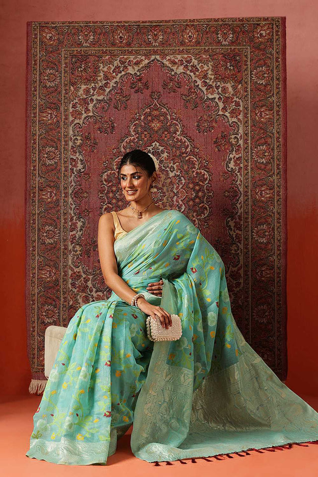 Turquoise Woven Cotton Blend Ready to Wear Saree