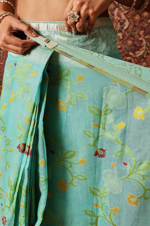 Turquoise Woven Cotton Blend Ready to Wear Saree