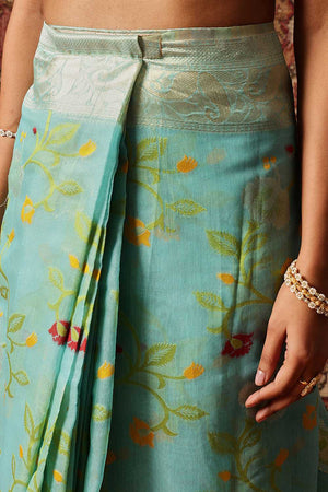 Turquoise Woven Cotton Blend Ready to Wear Saree