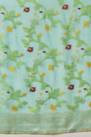 Turquoise Woven Cotton Blend Ready to Wear Saree