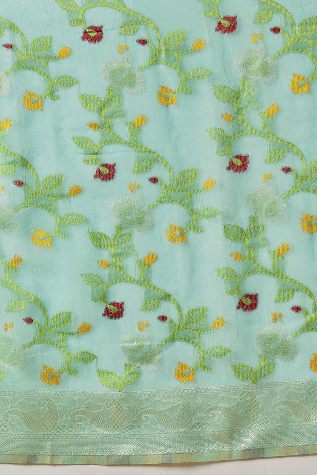 Turquoise Woven Cotton Blend Ready to Wear Saree