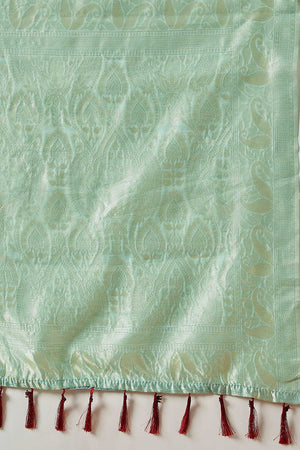 Turquoise Woven Cotton Blend Ready to Wear Saree