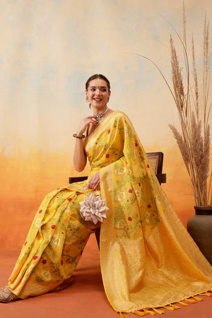 Yellow Floral Woven Cotton Ready to Wear Saree