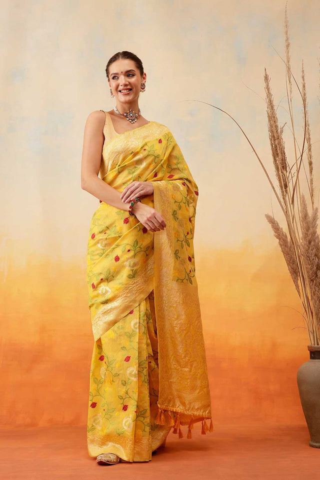 Yellow Floral Woven Cotton Ready to Wear Saree