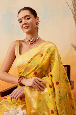 Yellow Floral Woven Cotton Ready to Wear Saree