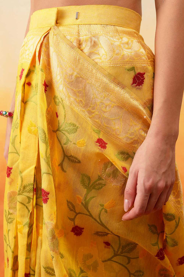 Yellow Floral Woven Cotton Ready to Wear Saree