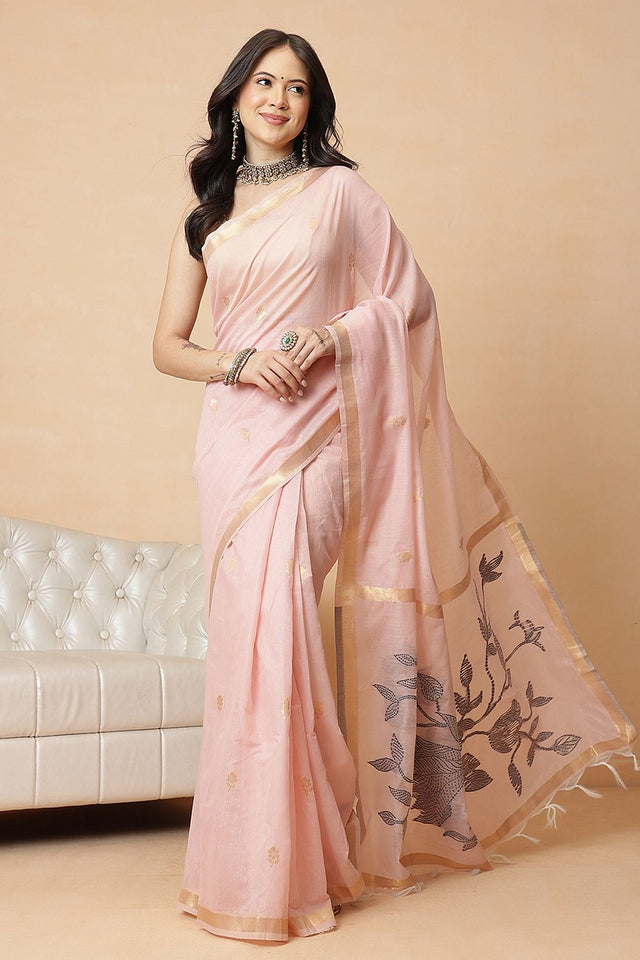 Peach Woven Cotton Blend Saree (SZR-JMD35-PE-3049)