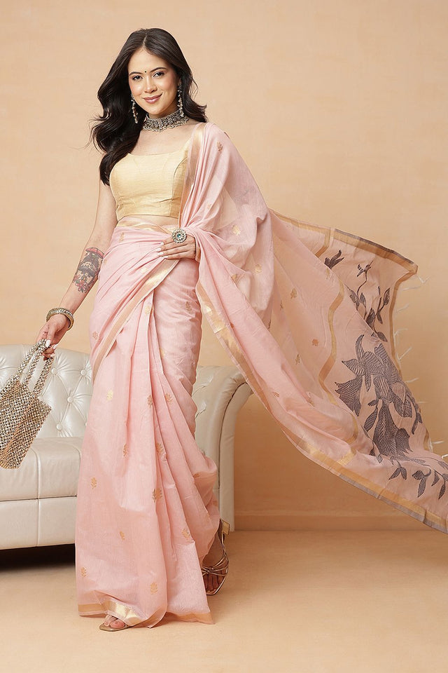 Peach Woven Cotton Blend Saree (SZR-JMD35-PE-3049)