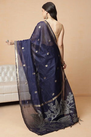 Navy Blue Floral Woven Cotton Blend Saree (SZR-JMD37-NB-3156)