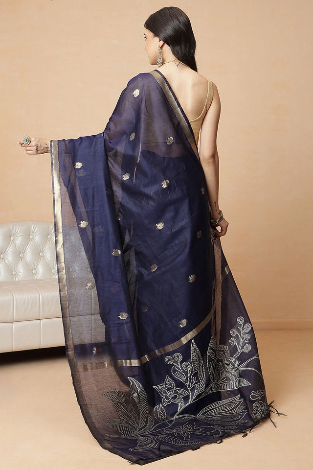 Navy Blue Floral Woven Cotton Blend Saree (SZR-JMD37-NB-3156)