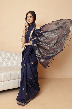 Navy Blue Floral Woven Cotton Blend Saree (SZR-JMD37-NB-3156)