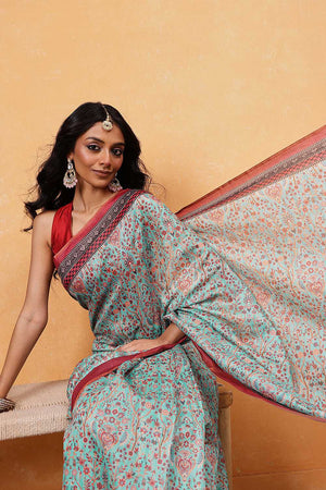 Turquoise Kalamkari Printed Cotton Blend Ready to Wear Saree