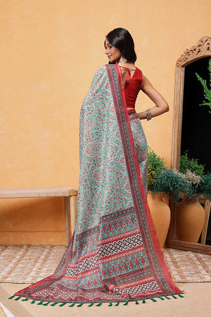 Turquoise Kalamkari Printed Cotton Blend Ready to Wear Saree
