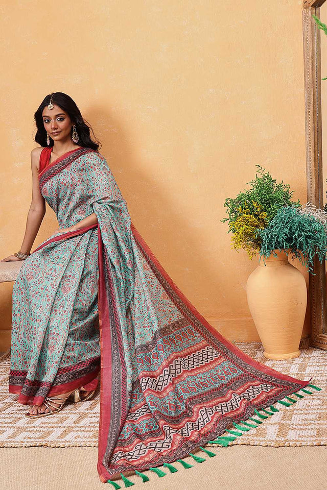 Turquoise Kalamkari Printed Cotton Blend Ready to Wear Saree