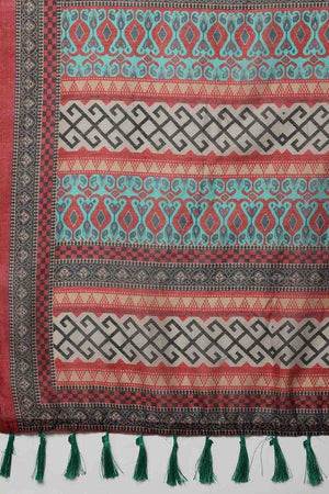 Turquoise Kalamkari Printed Cotton Blend Ready to Wear Saree