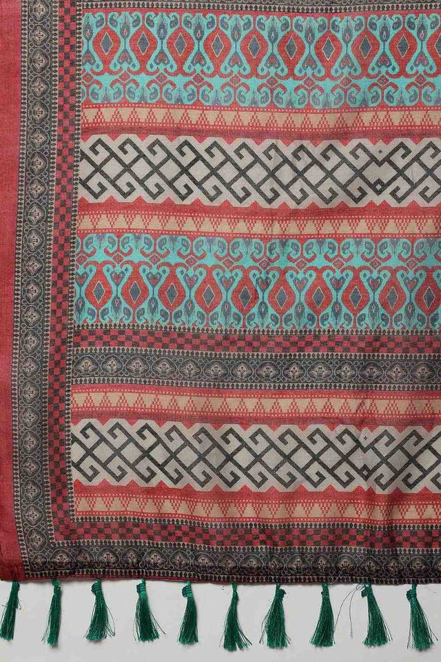 Turquoise Kalamkari Printed Cotton Blend Ready to Wear Saree