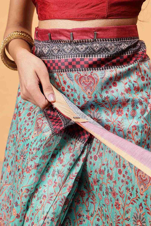 Turquoise Kalamkari Printed Cotton Blend Ready to Wear Saree