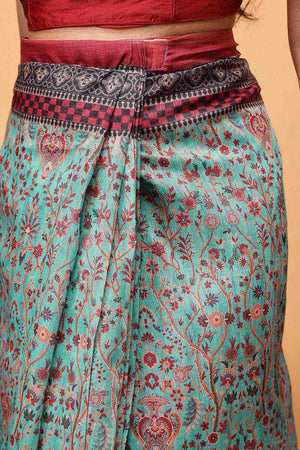 Turquoise Kalamkari Printed Cotton Blend Ready to Wear Saree