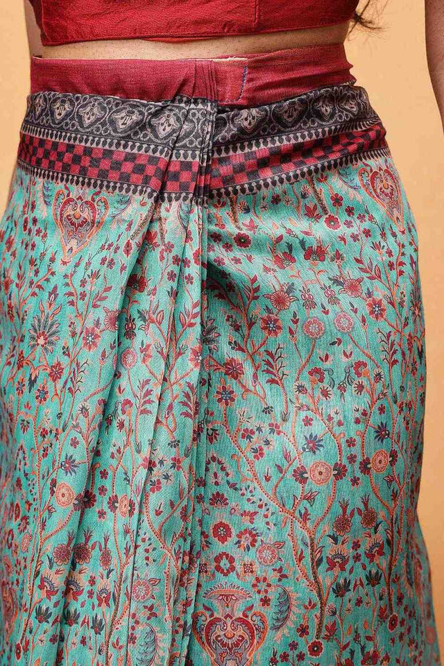 Turquoise Kalamkari Printed Cotton Blend Ready to Wear Saree
