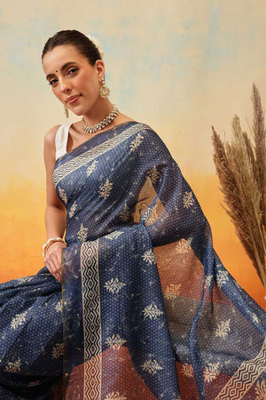 Blue Kalamkari Printed Cotton Blend Ready to Wear Saree