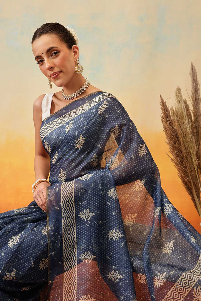 Blue Kalamkari Printed Cotton Blend Ready to Wear Saree