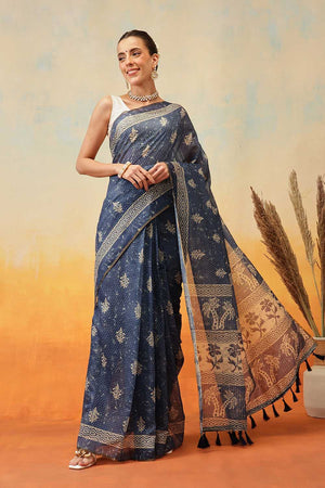 Blue Kalamkari Printed Cotton Blend Ready to Wear Saree