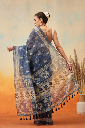 Blue Kalamkari Printed Cotton Blend Ready to Wear Saree