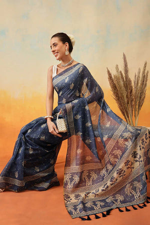 Blue Kalamkari Printed Cotton Blend Ready to Wear Saree