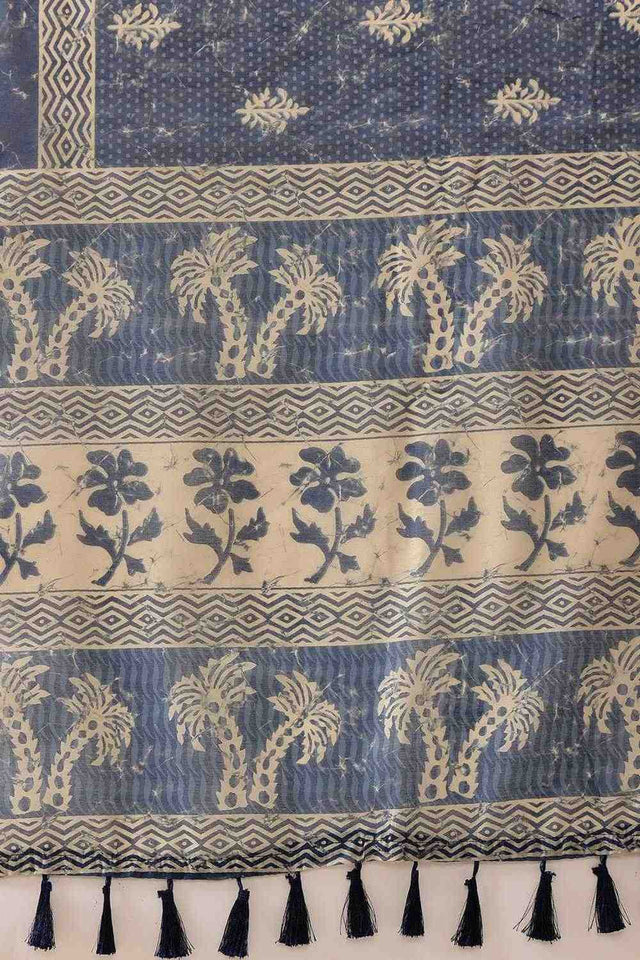 Blue Kalamkari Printed Cotton Blend Ready to Wear Saree