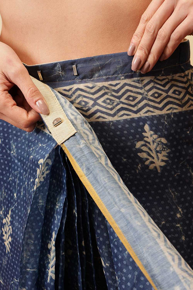 Blue Kalamkari Printed Cotton Blend Ready to Wear Saree