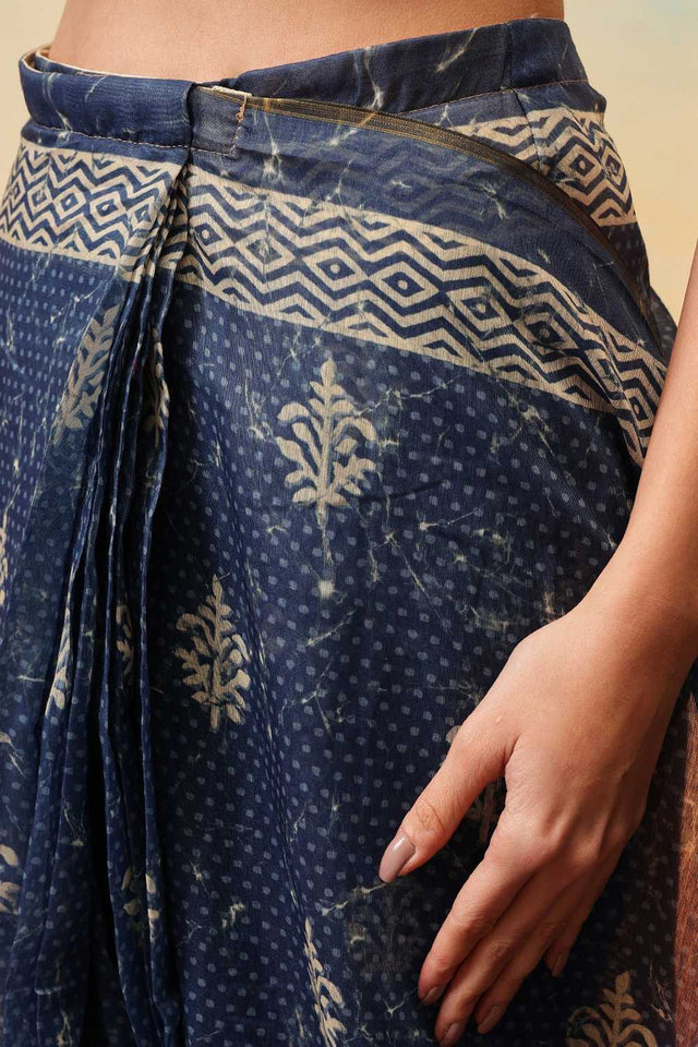 Blue Kalamkari Printed Cotton Blend Ready to Wear Saree