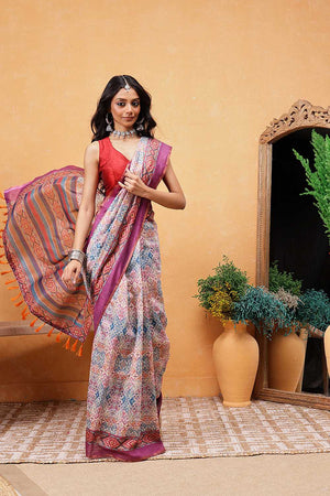 Multi Color Kalamkari Printed Cotton Blend Ready to Wear Saree