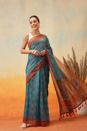 Turquoise Kalamkari Printed Cotton Blend Ready to Wear Saree