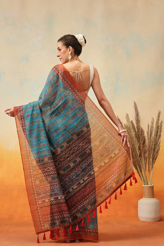 Turquoise Kalamkari Printed Cotton Blend Ready to Wear Saree