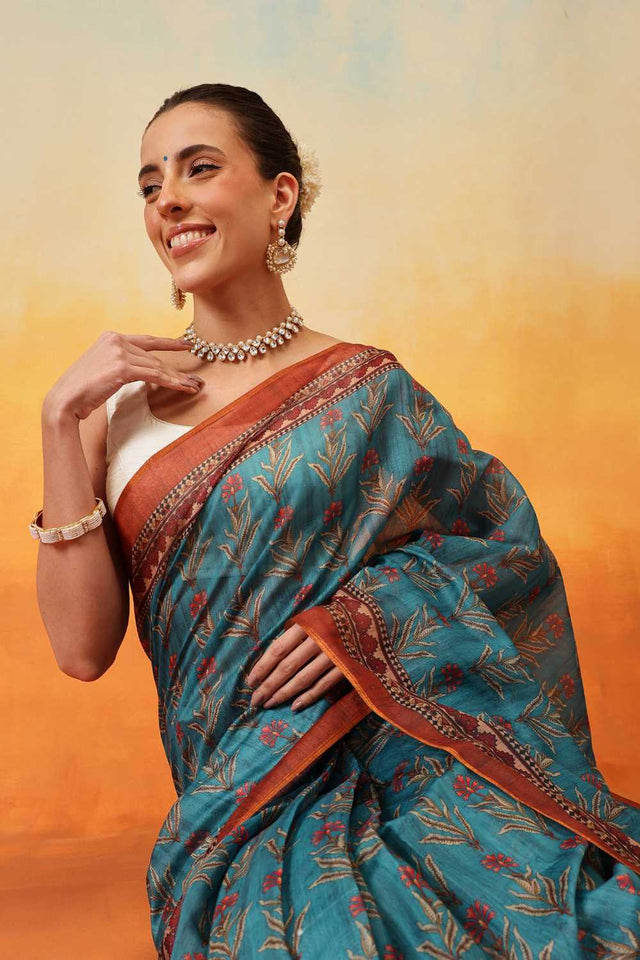 Turquoise Kalamkari Printed Cotton Blend Ready to Wear Saree