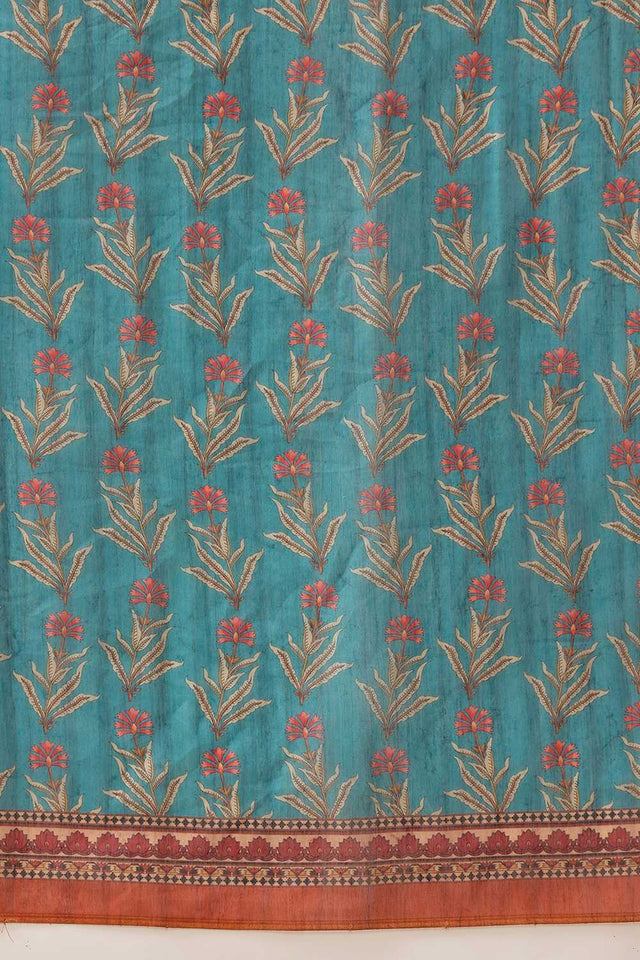 Turquoise Kalamkari Printed Cotton Blend Ready to Wear Saree