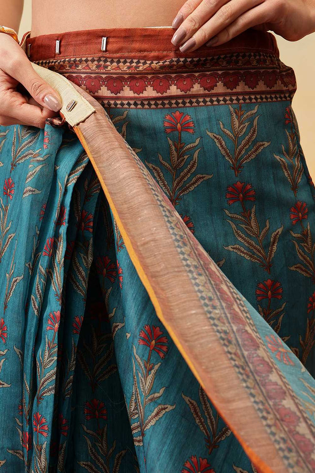 Turquoise Kalamkari Printed Cotton Blend Ready to Wear Saree