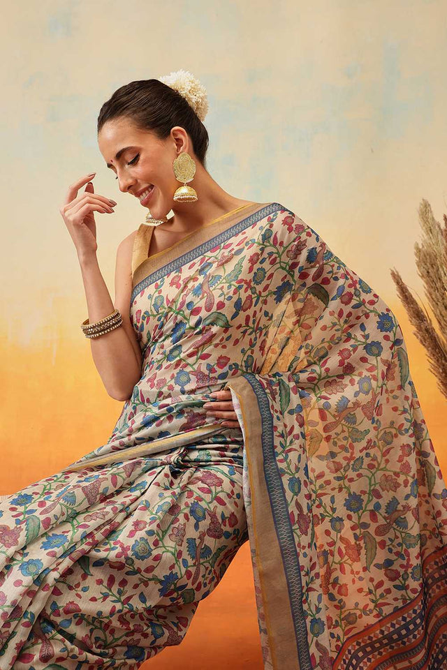 White Kalamkari Printed Cotton Blend Ready to Wear Saree