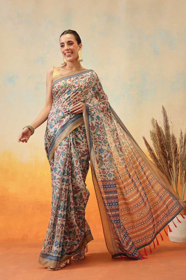 White Kalamkari Printed Cotton Blend Ready to Wear Saree