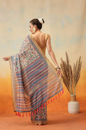 White Kalamkari Printed Cotton Blend Ready to Wear Saree