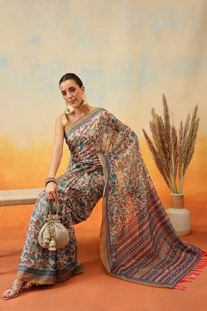 White Kalamkari Printed Cotton Blend Ready to Wear Saree