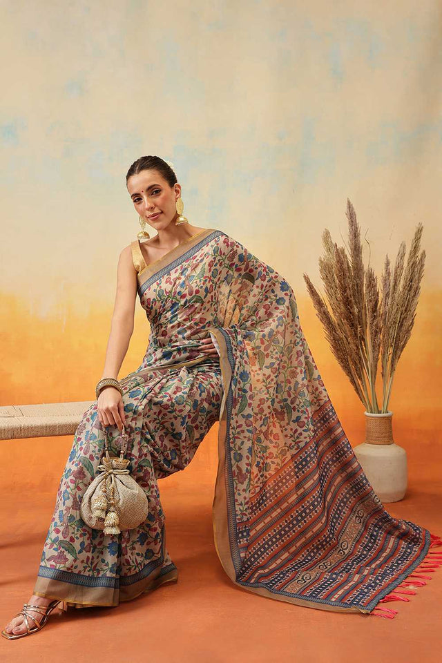 White Kalamkari Printed Cotton Blend Ready to Wear Saree