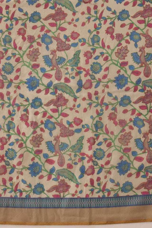 White Kalamkari Printed Cotton Blend Ready to Wear Saree