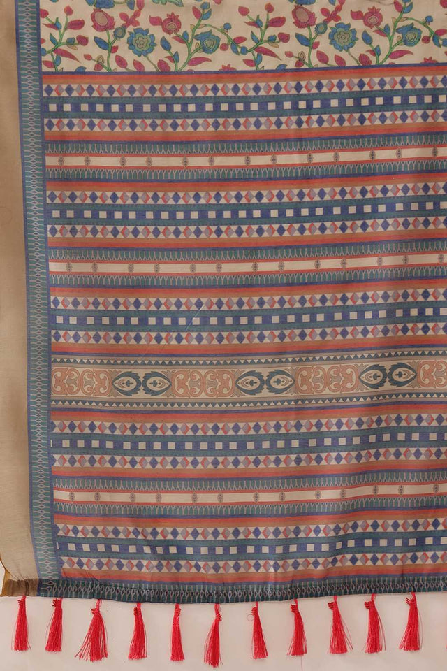 White Kalamkari Printed Cotton Blend Ready to Wear Saree